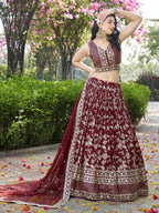 Tulsi Art Impressive Maroon Thread Work Silk Lehenga Choli With Dupatta | Grocsy