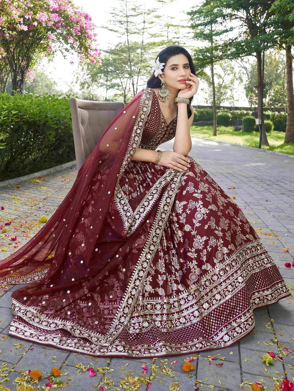Tulsi Art Impressive Maroon Thread Work Silk Lehenga Choli With Dupatta | Grocsy