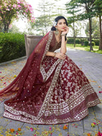 Tulsi Art Impressive Maroon Thread Work Silk Lehenga Choli With Dupatta | Grocsy