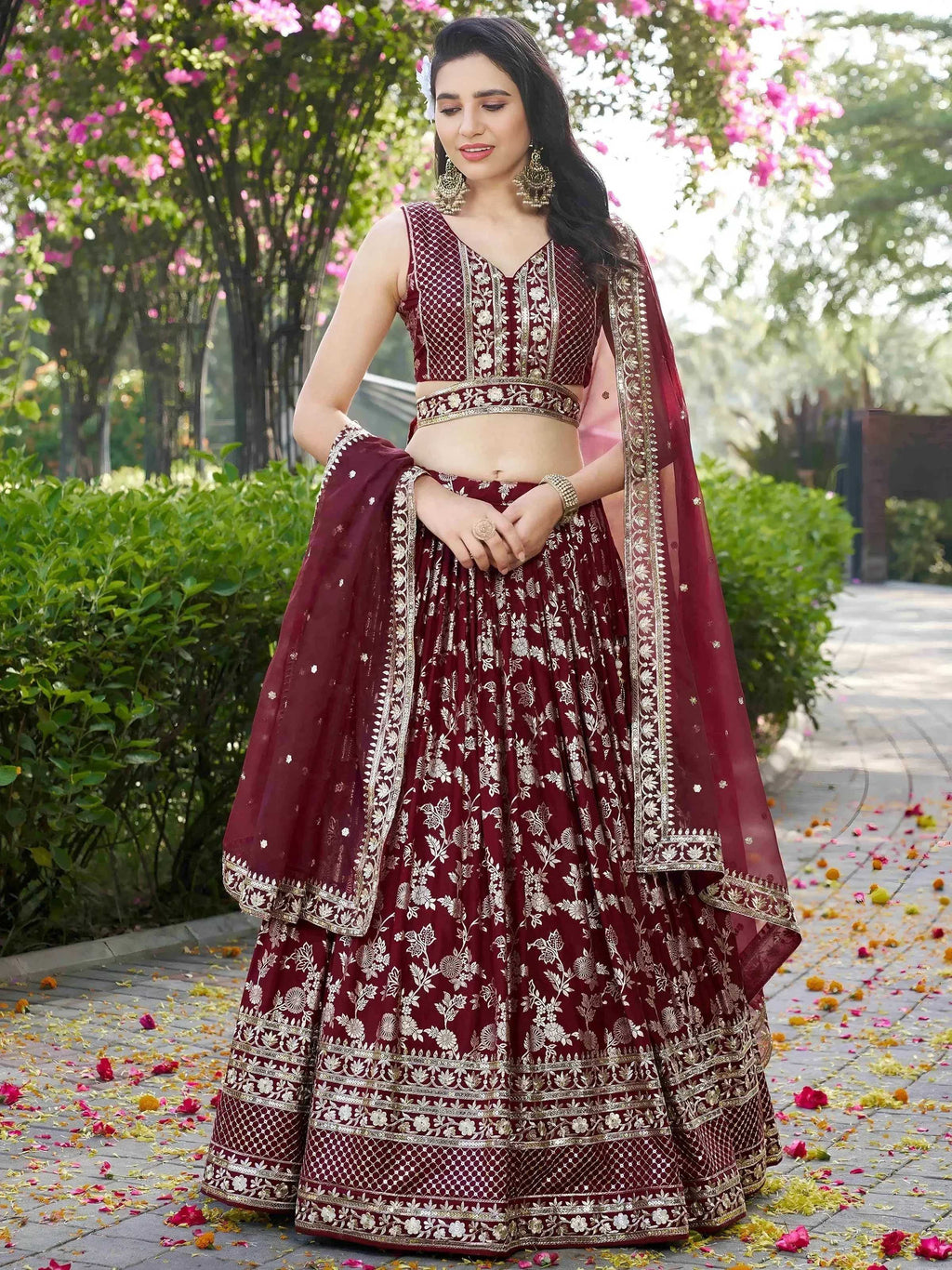 Tulsi Art Impressive Maroon Thread Work Silk Lehenga Choli With Dupatta | Grocsy