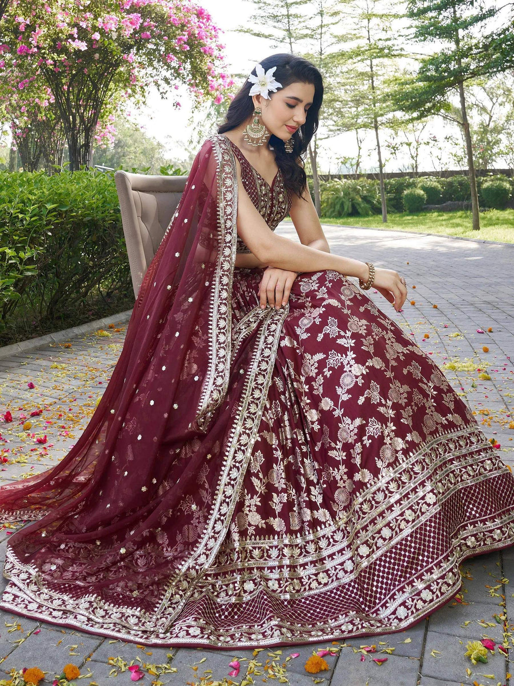 Tulsi Art Impressive Maroon Thread Work Silk Lehenga Choli With Dupatta | Grocsy