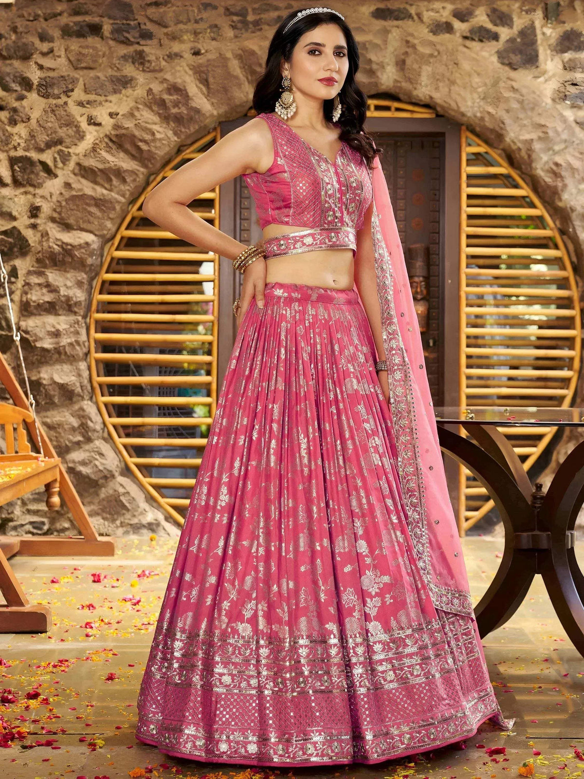 Tulsi Art Striking Peach Silk Reception Wear Lehenga Choli With Dupatta | Grocsy