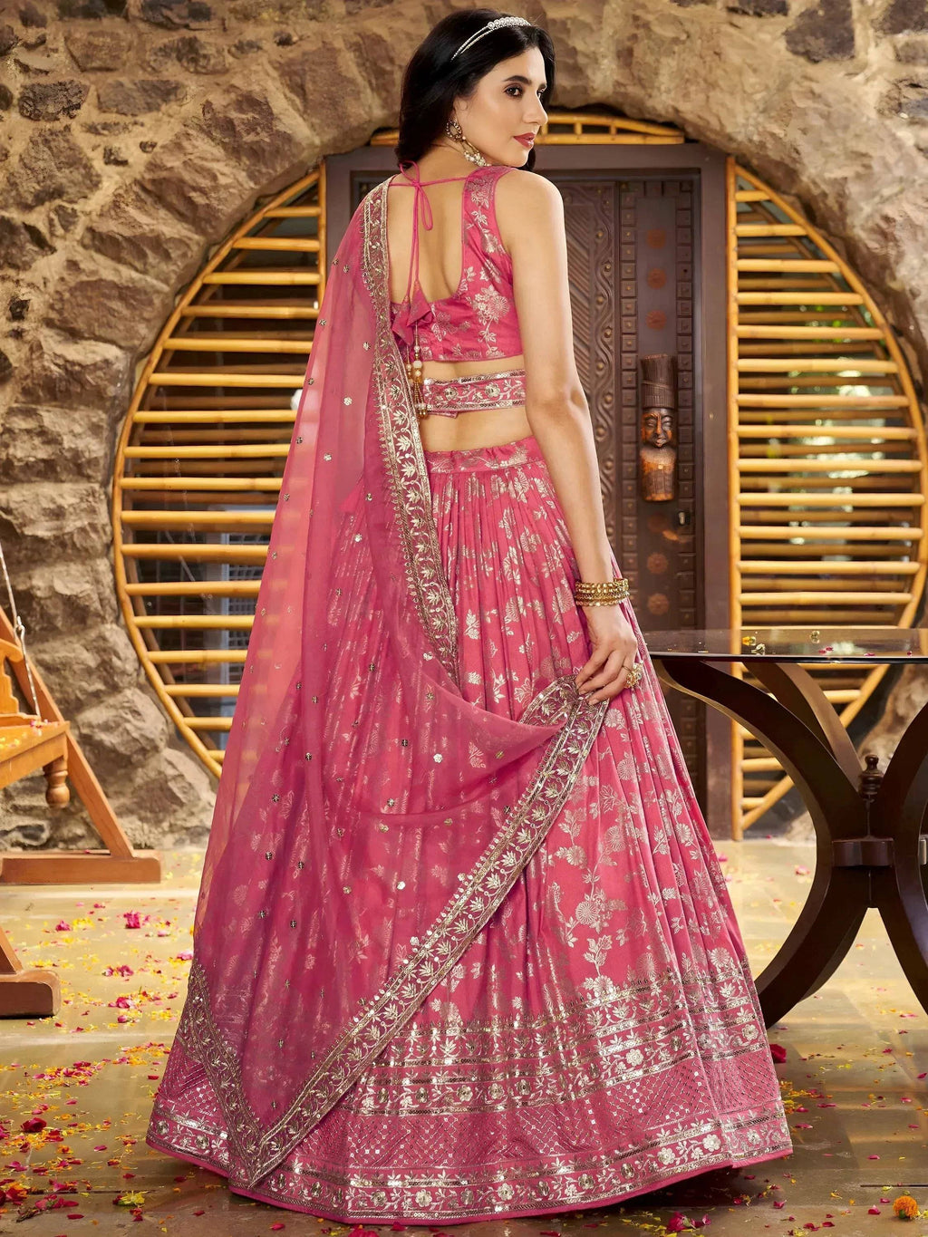 Tulsi Art Striking Peach Silk Reception Wear Lehenga Choli With Dupatta | Grocsy
