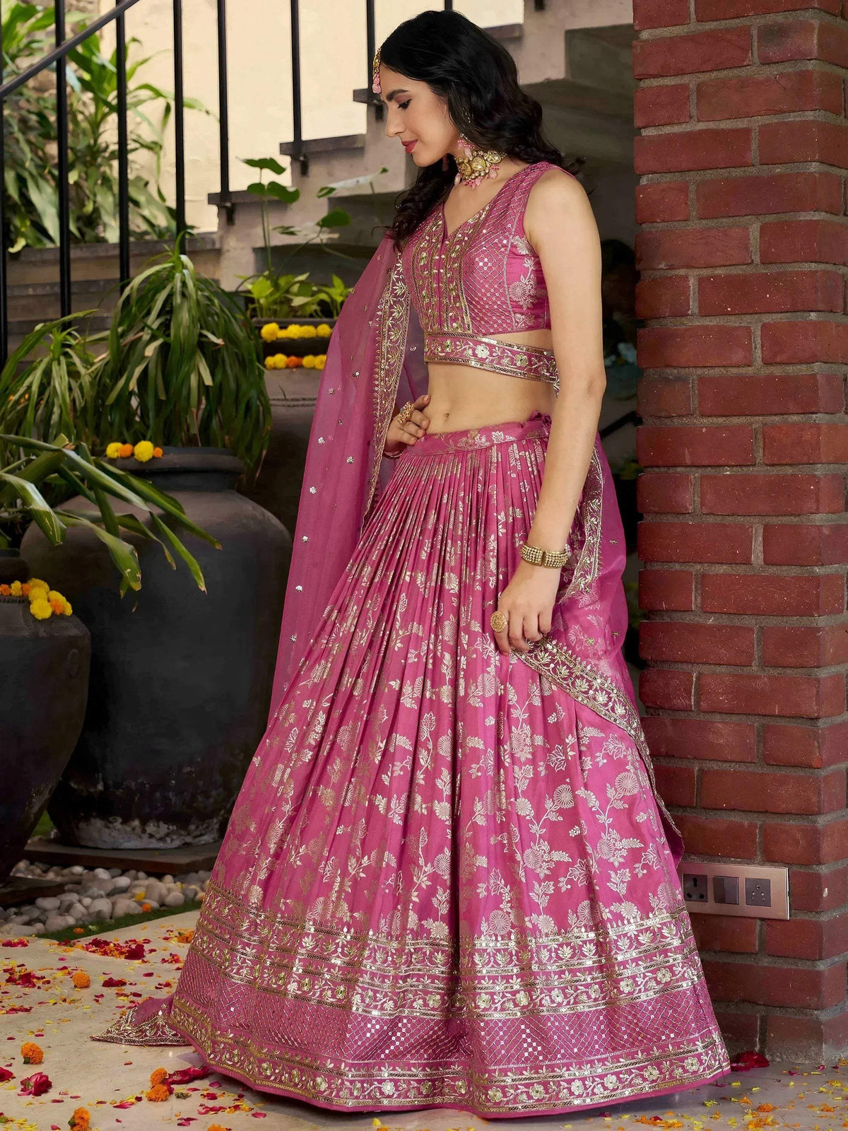Tulsi Art Bold Pink Silk Engagement Wear Lehenga Choli With Dupatta | Grocsy