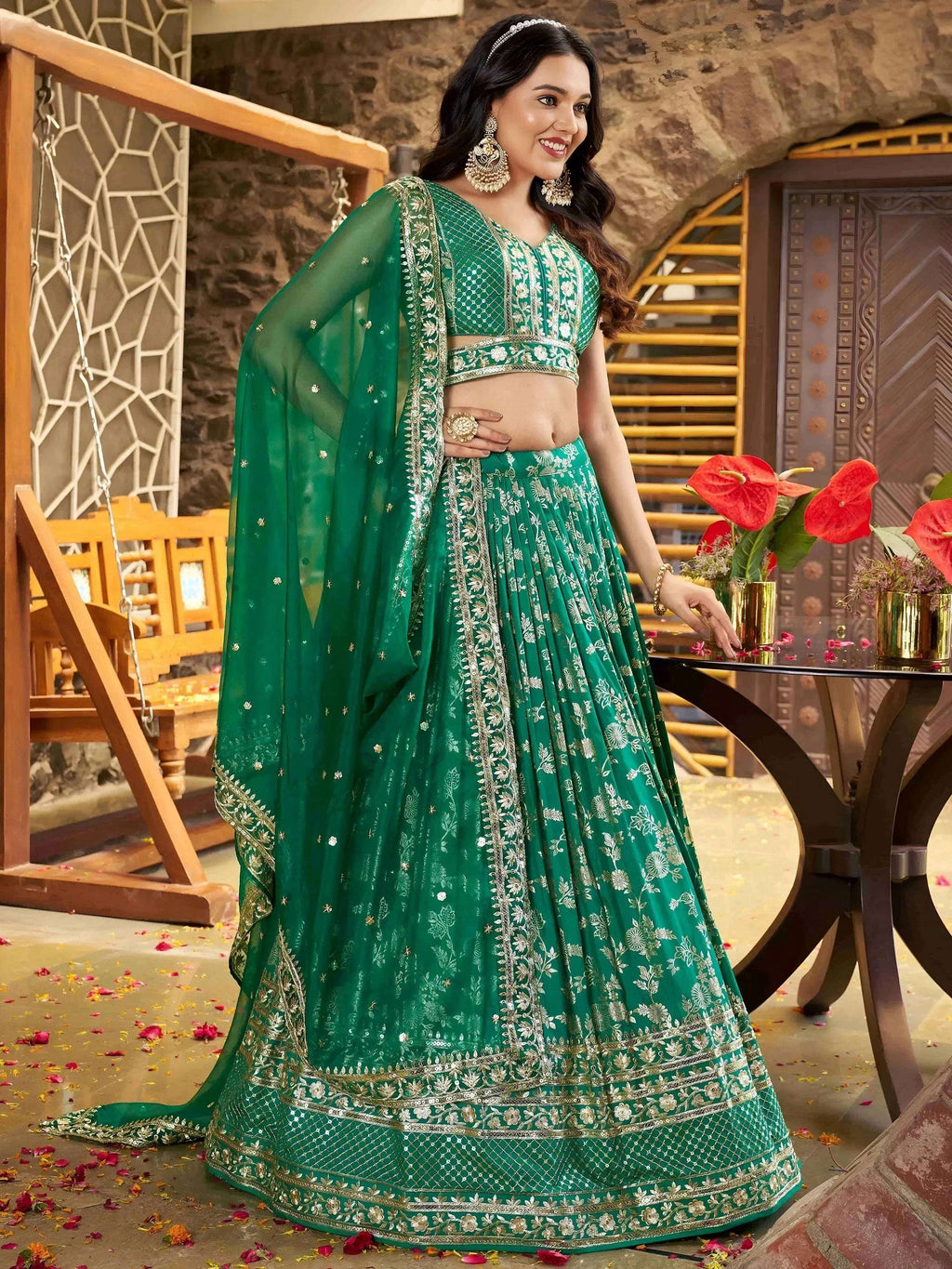 Tulsi Art Rich Rama Green Zari Embroidered Traditional Lehenga Choli | Grocsy