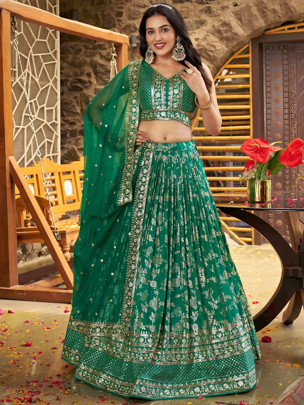 Tulsi Art Rich Rama Green Zari Embroidered Traditional Lehenga Choli | Grocsy