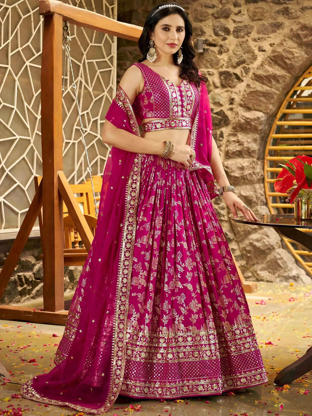 Tulsi Art Captivating Rani Pink Thread Embroidery Wedding Wear Lehenga Choli | Grocsy