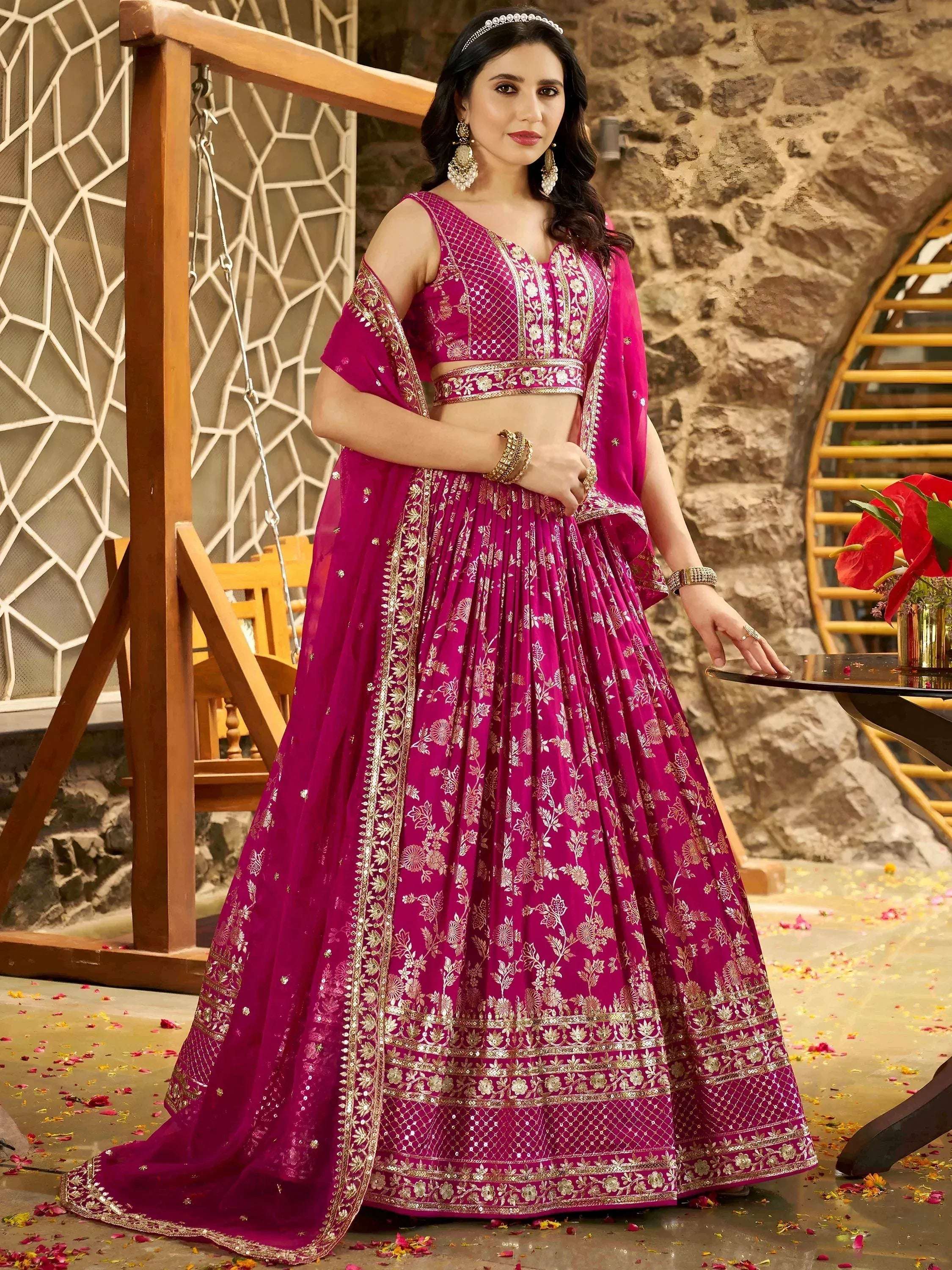 Tulsi Art Captivating Rani Pink Thread Embroidery Wedding Wear Lehenga Choli | Grocsy