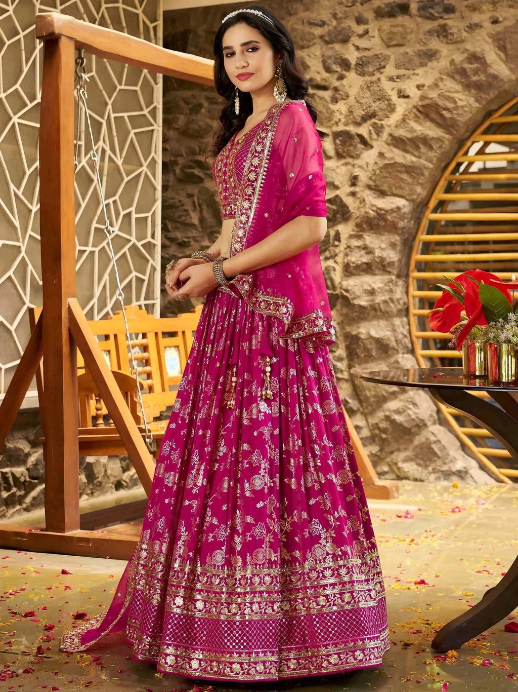 Tulsi Art Captivating Rani Pink Thread Embroidery Wedding Wear Lehenga Choli | Grocsy