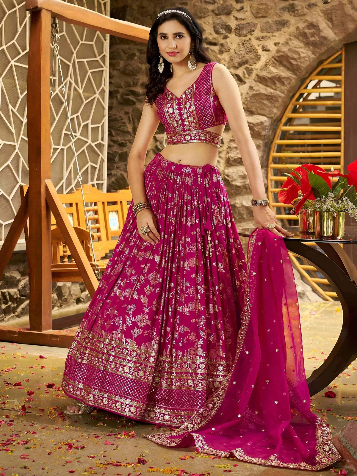 Tulsi Art Captivating Rani Pink Thread Embroidery Wedding Wear Lehenga Choli | Grocsy