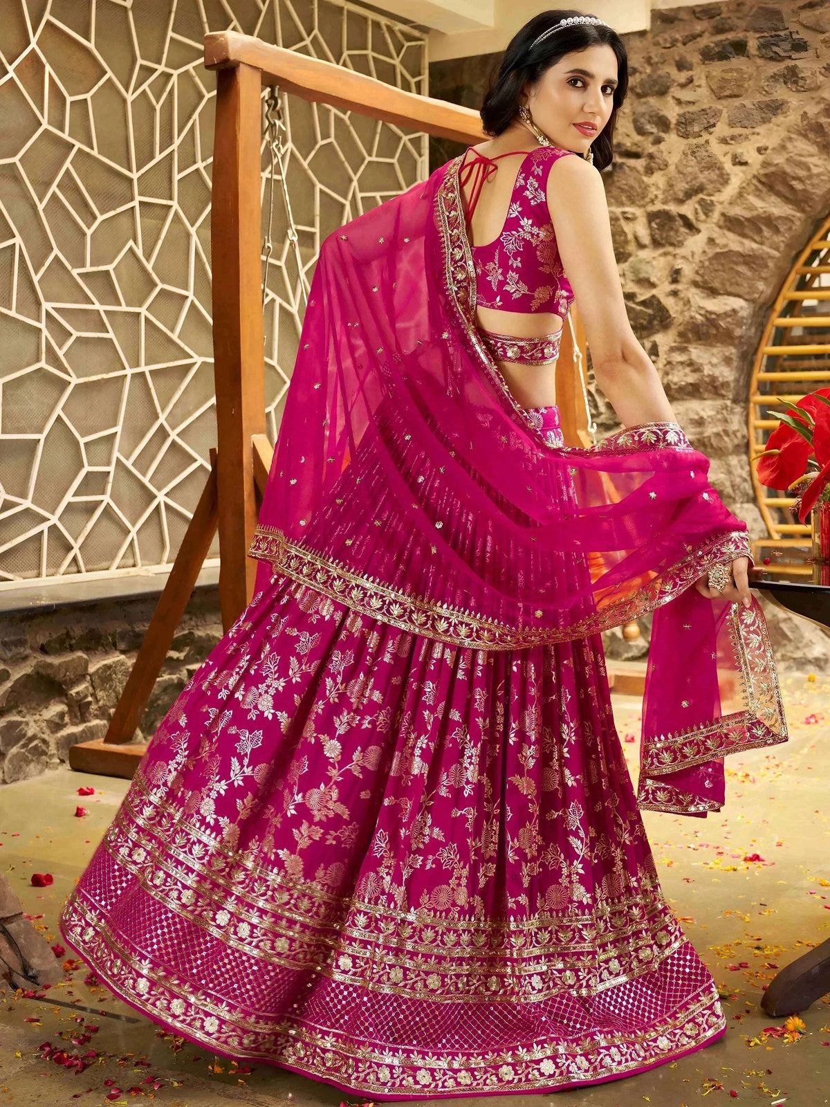 Tulsi Art Captivating Rani Pink Thread Embroidery Wedding Wear Lehenga Choli | Grocsy