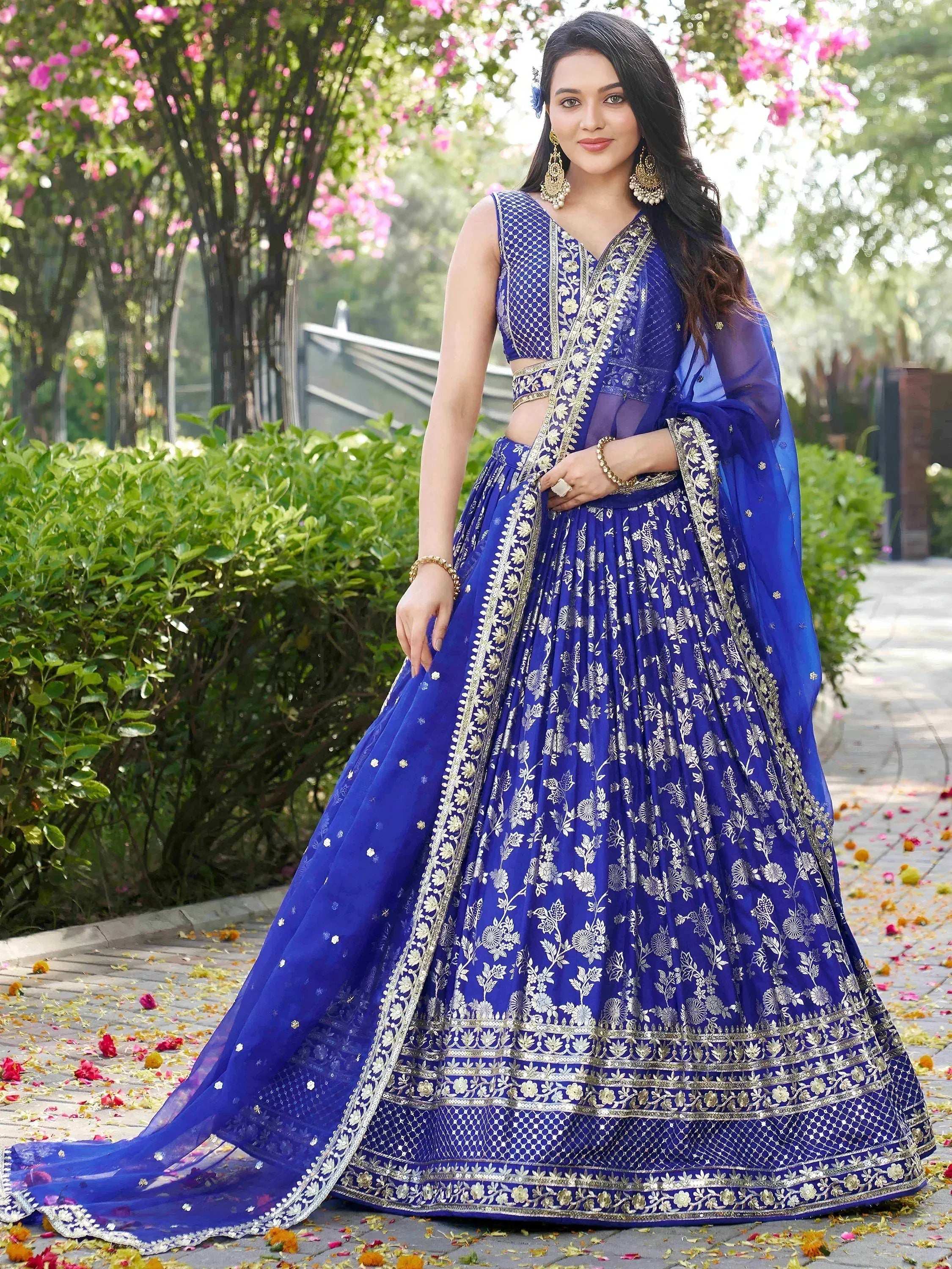 Tulsi Art Luxurious Blue Embroidered Zari Silk Lehenga Choli With Dupatta | Grocsy