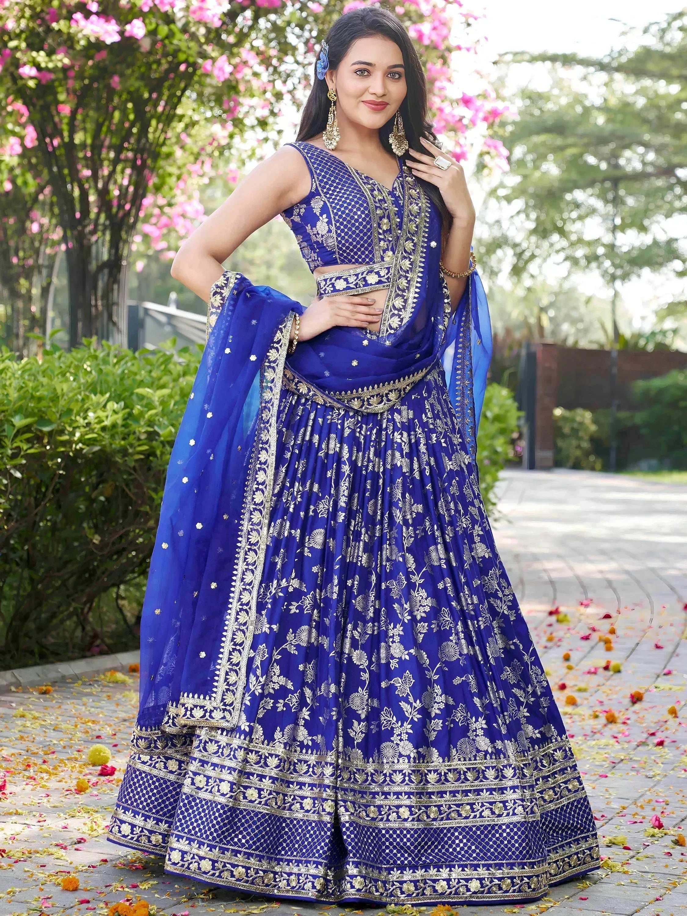 Tulsi Art Luxurious Blue Embroidered Zari Silk Lehenga Choli With Dupatta | Grocsy