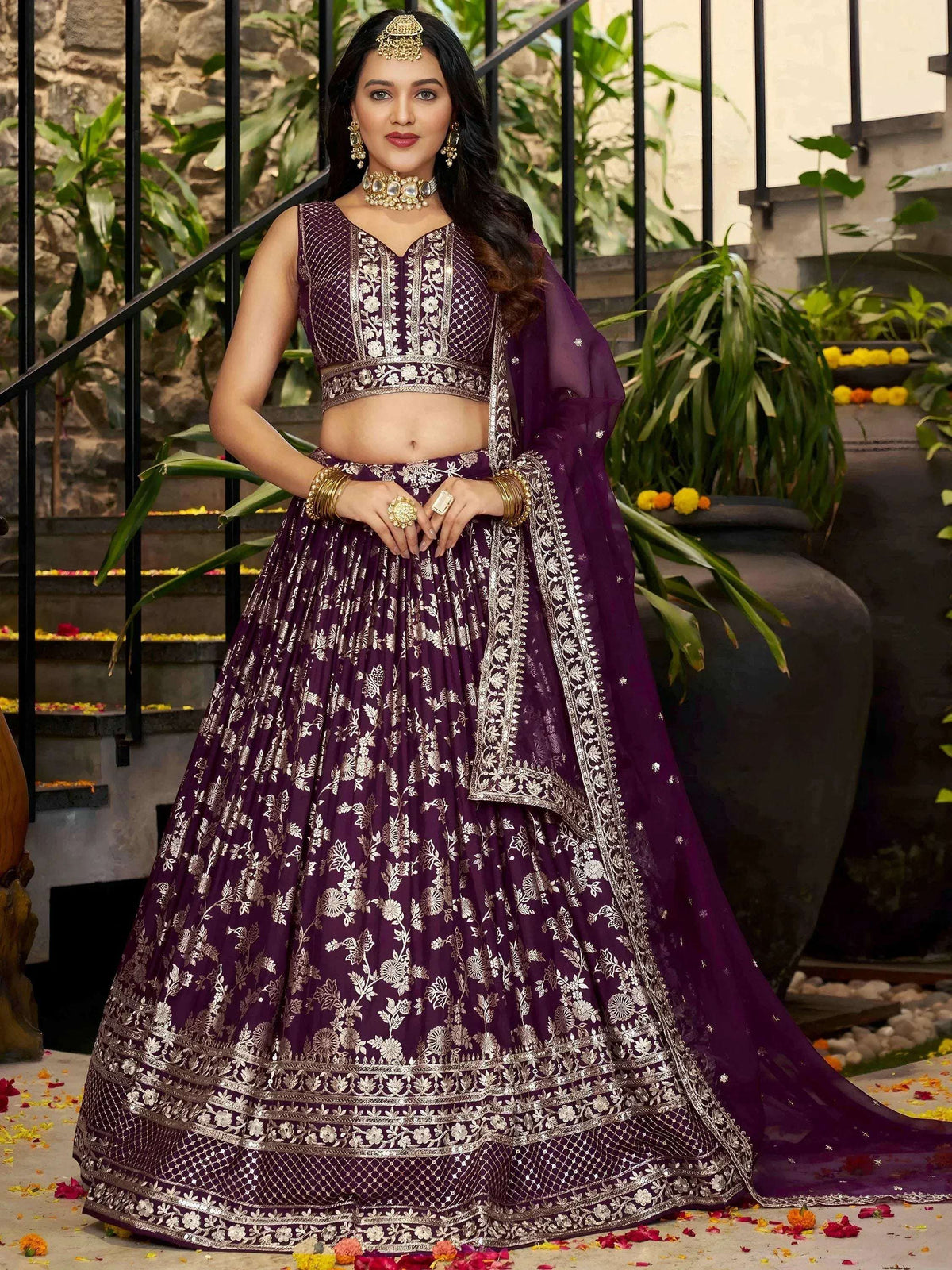 Tulsi Art Attractive Wine Silk Embroidered Bridesmaids Lehenga Choli | Grocsy