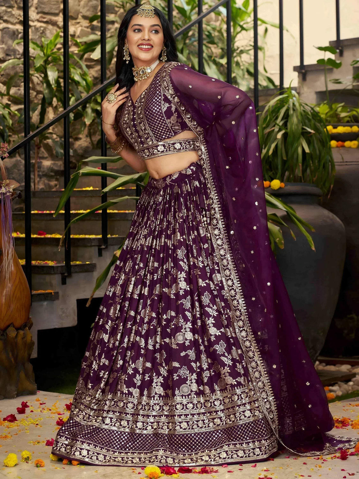 Tulsi Art Attractive Wine Silk Embroidered Bridesmaids Lehenga Choli | Grocsy