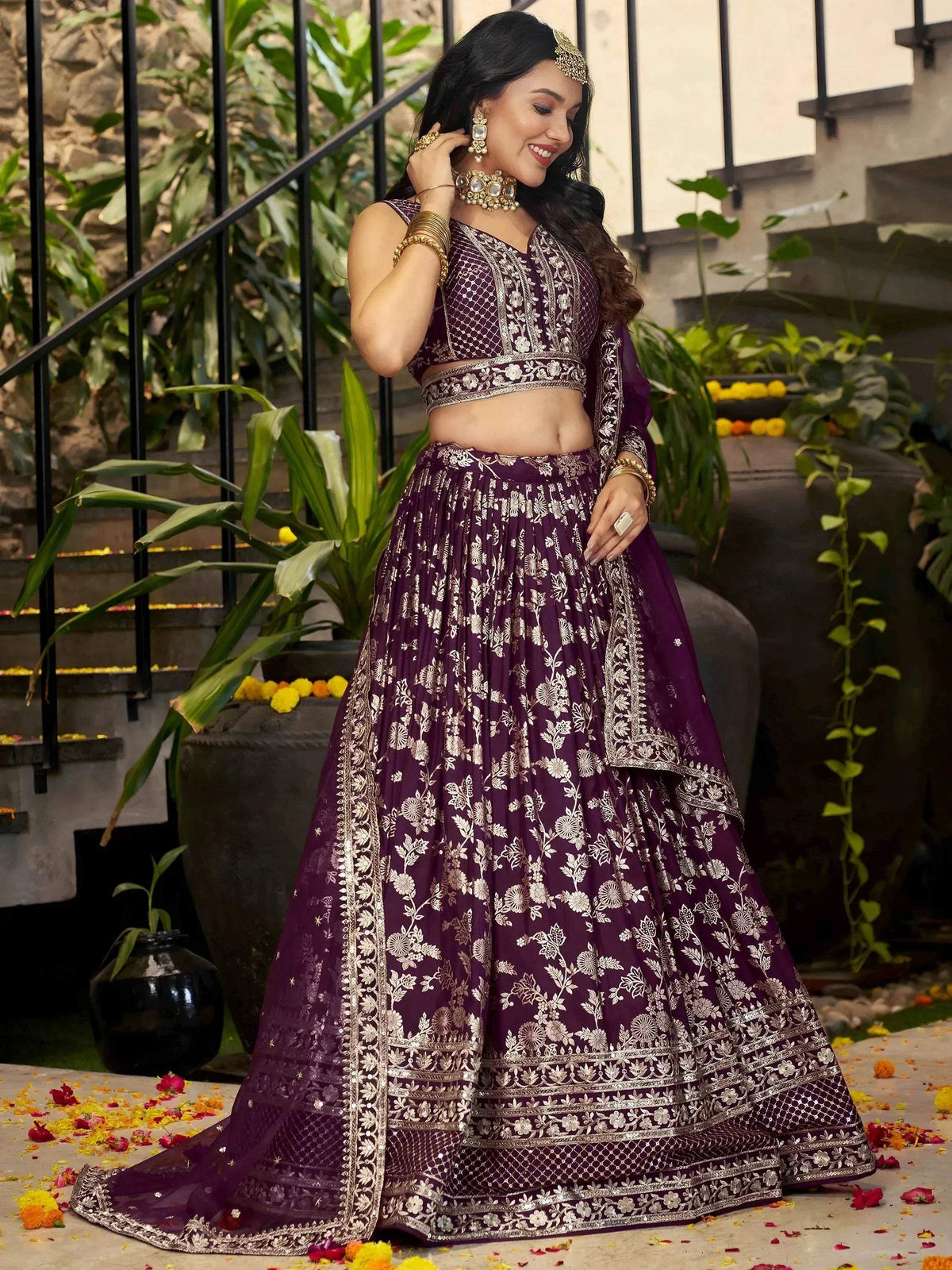 Tulsi Art Attractive Wine Silk Embroidered Bridesmaids Lehenga Choli | Grocsy