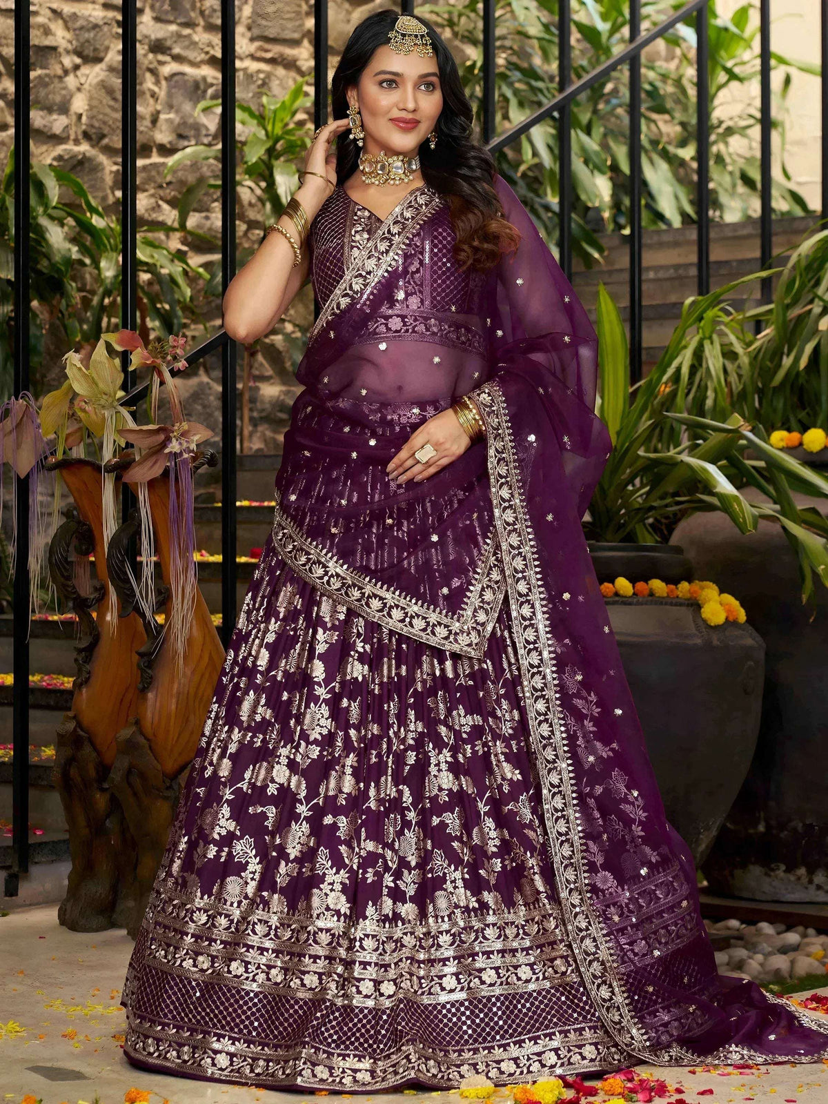 Tulsi Art Attractive Wine Silk Embroidered Bridesmaids Lehenga Choli | Grocsy