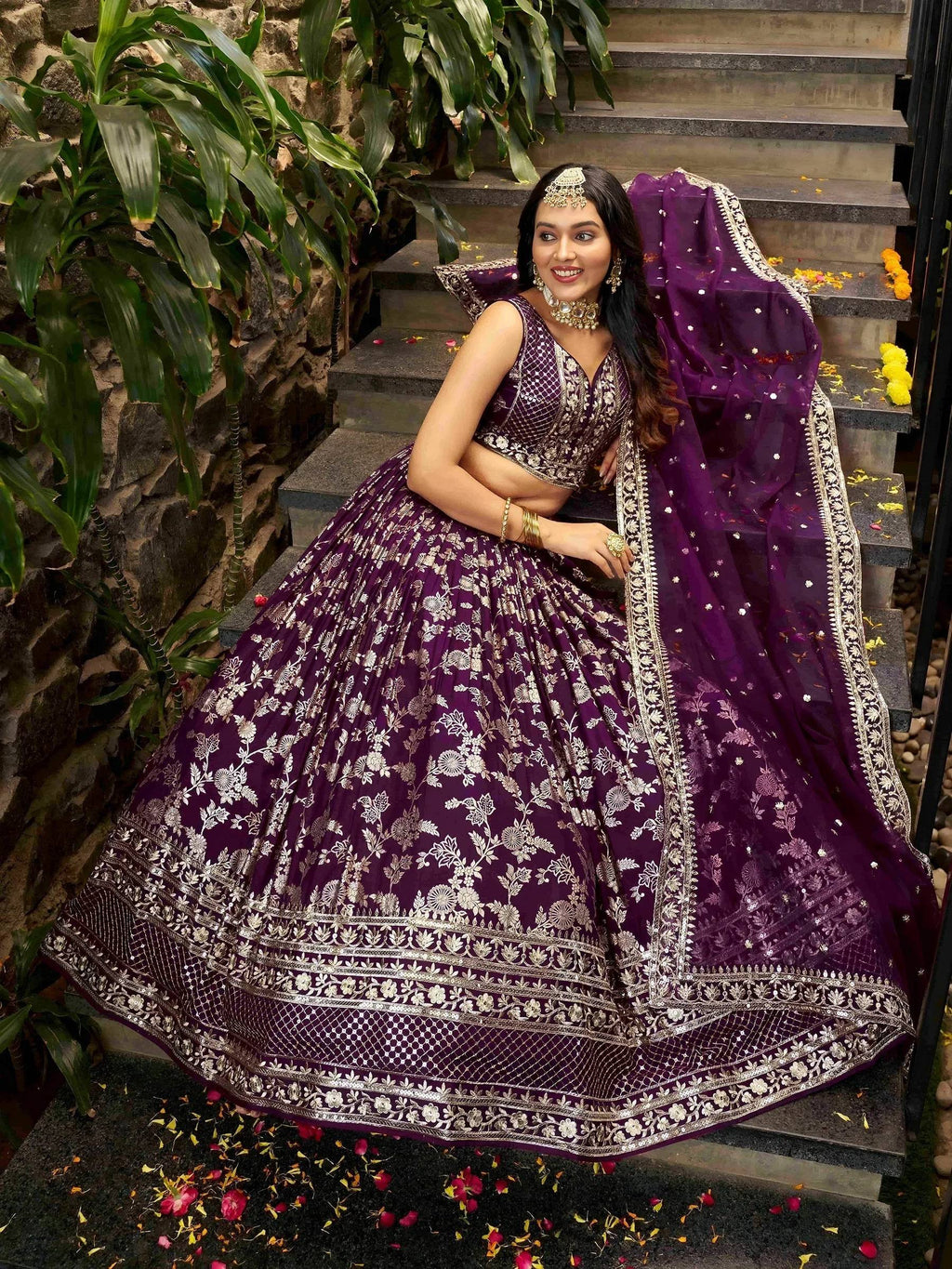 Tulsi Art Attractive Wine Silk Embroidered Bridesmaids Lehenga Choli | Grocsy