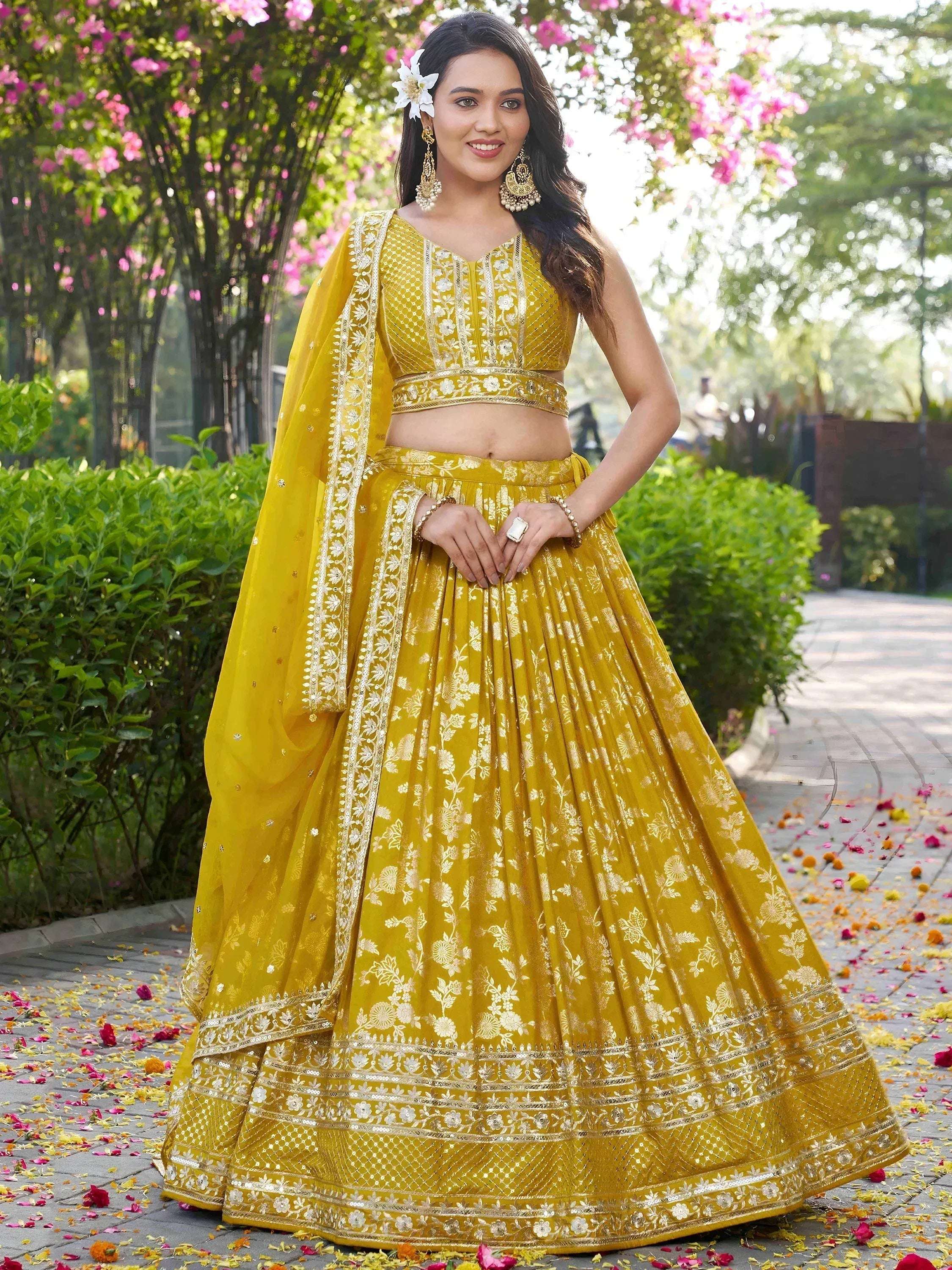 Tulsi Art Alluring Yellow Silk Embroidered Haldi Wear Lehenga Choli | Grocsy