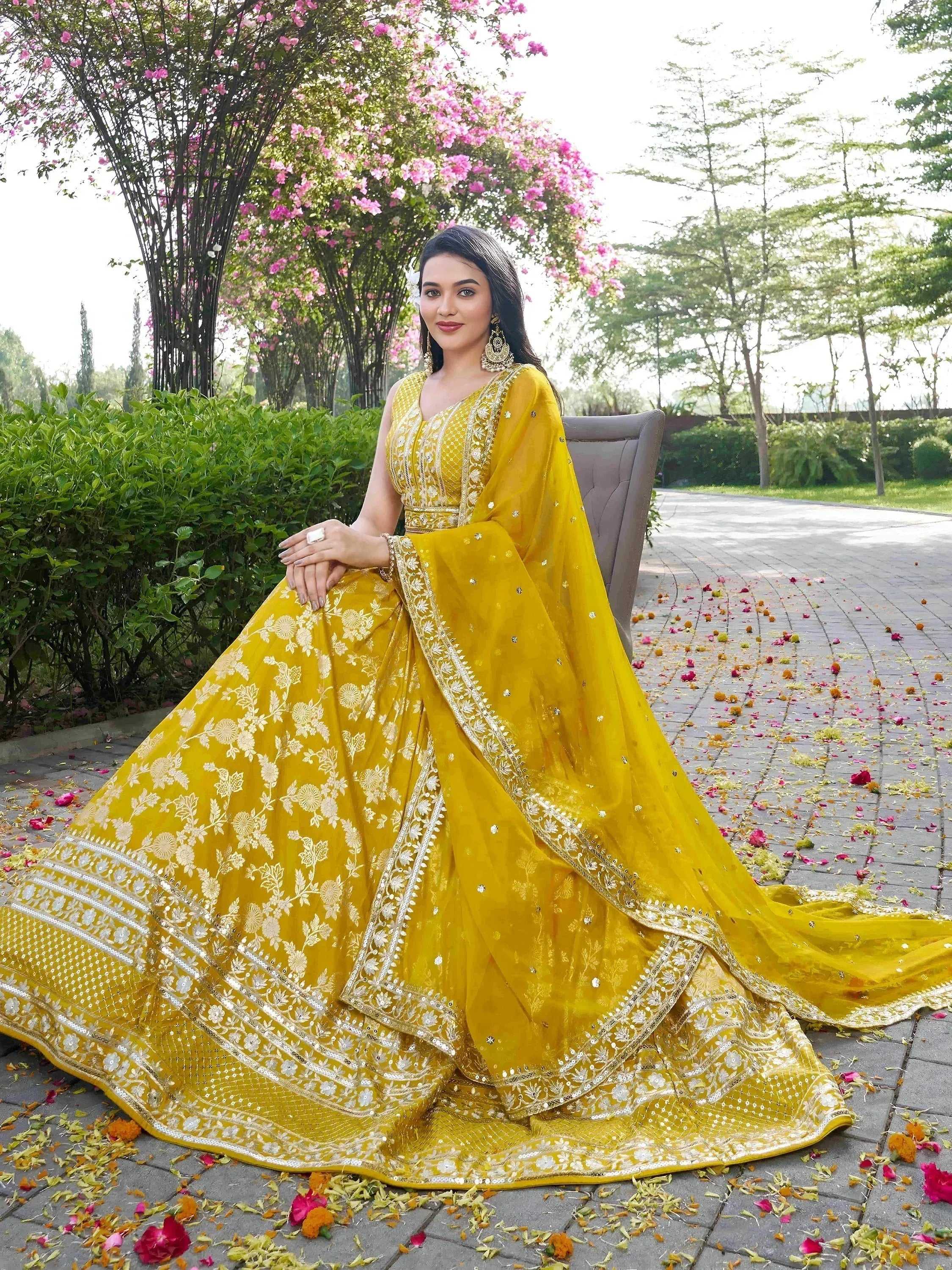 Tulsi Art Alluring Yellow Silk Embroidered Haldi Wear Lehenga Choli | Grocsy