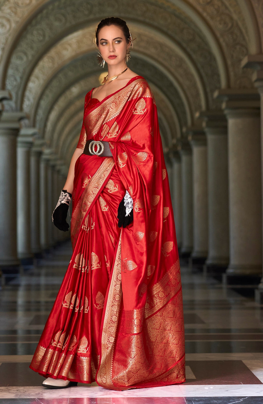 Anaita Red Silk Tissue Zari Weaving Work Saree With Blouse Piece | Grocsy