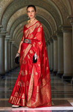 Anaita Red Silk Tissue Zari Weaving Work Saree With Blouse Piece | Grocsy