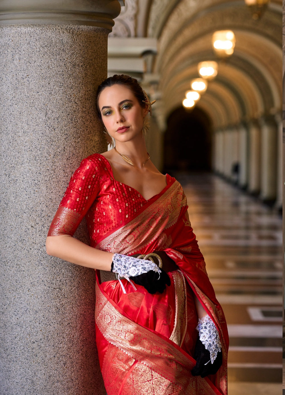 Anaita Red Silk Tissue Zari Weaving Work Saree With Blouse Piece | Grocsy