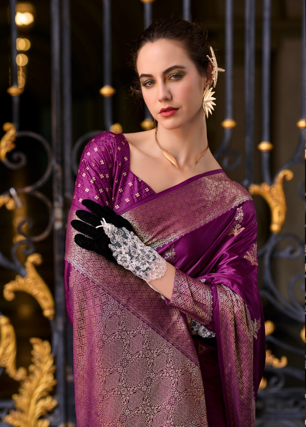 Anaita Violet Silk Tissue Zari Weaving Work Saree With Blouse Piece | Grocsy