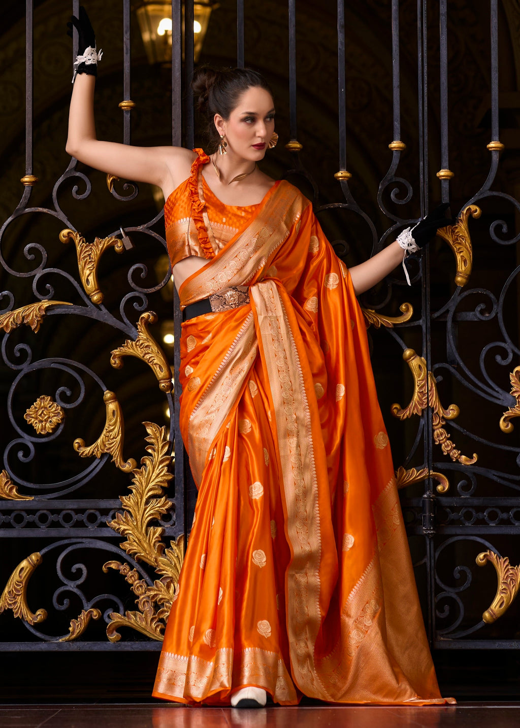 Anaita Orange Silk Tissue Zari Weaving Work Saree With Blouse Piece | Grocsy