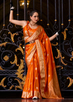 Anaita Orange Silk Tissue Zari Weaving Work Saree With Blouse Piece | Grocsy