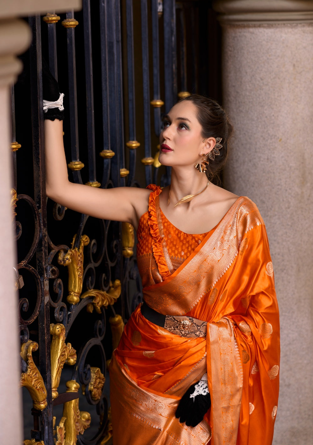 Anaita Orange Silk Tissue Zari Weaving Work Saree With Blouse Piece | Grocsy