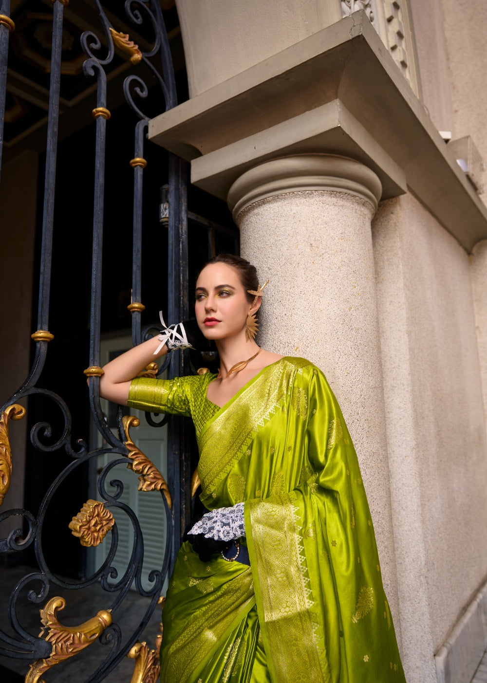 Anaita Parrot Green Silk Tissue Zari Weaving Work Saree With Blouse Piece | Grocsy