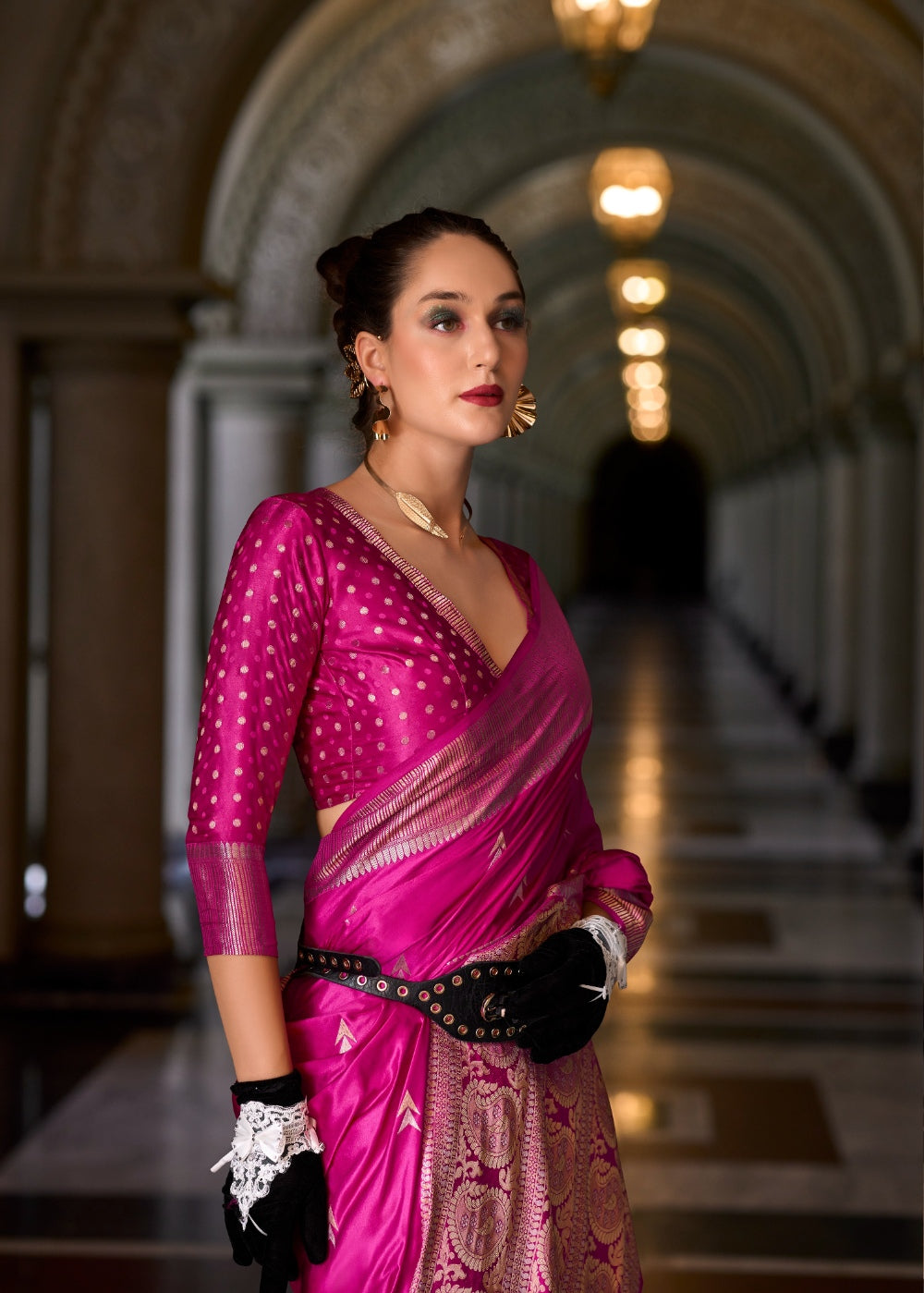 Anaita Magenta Silk Tissue Zari Weaving Work Saree With Blouse Piece | Grocsy