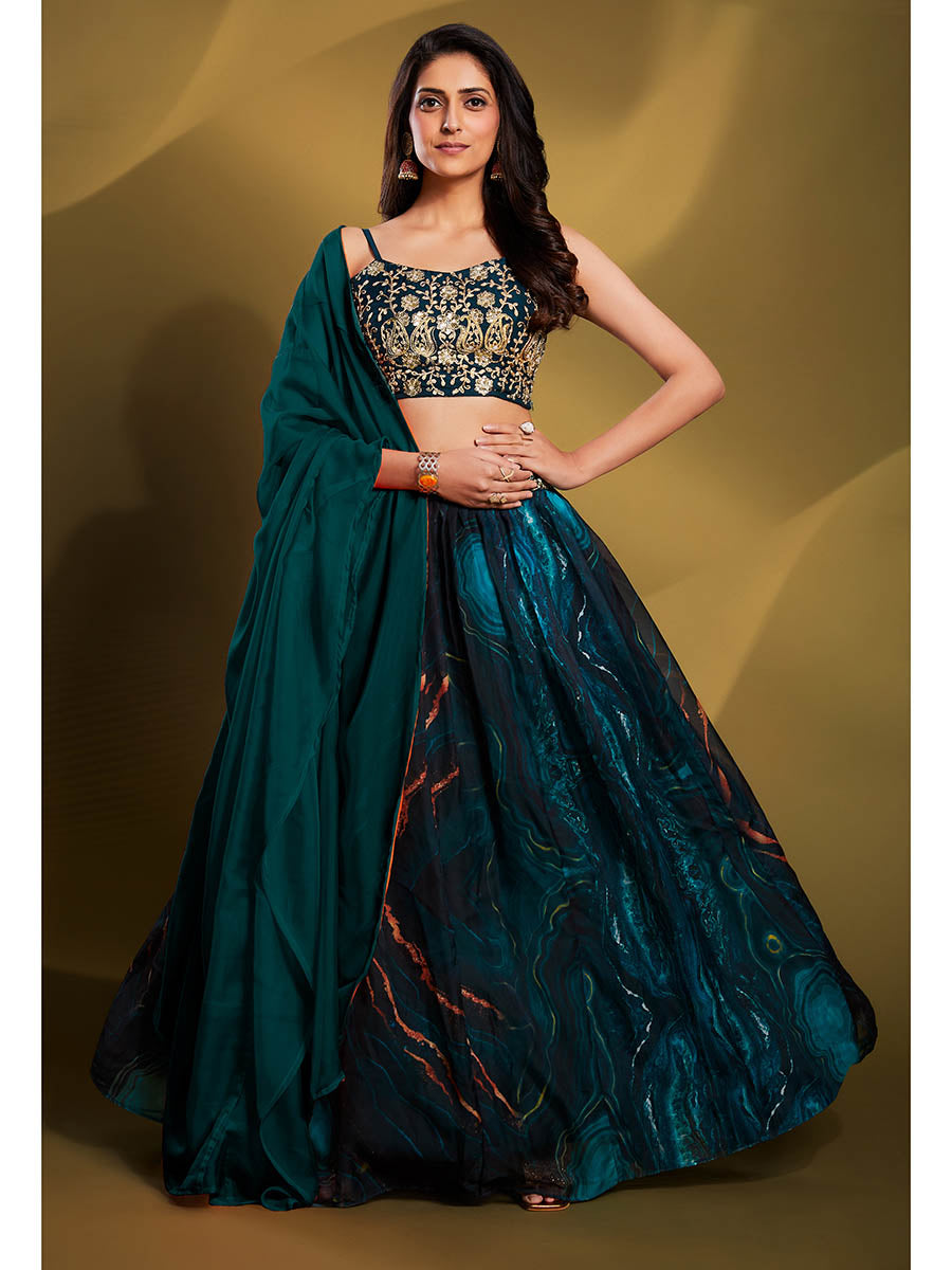 Myra Teal Art Silk Embroidered Designer Lehenga | Grocsy