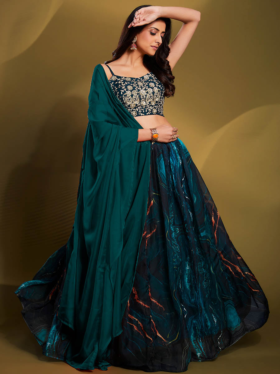 Myra Teal Art Silk Embroidered Designer Lehenga | Grocsy