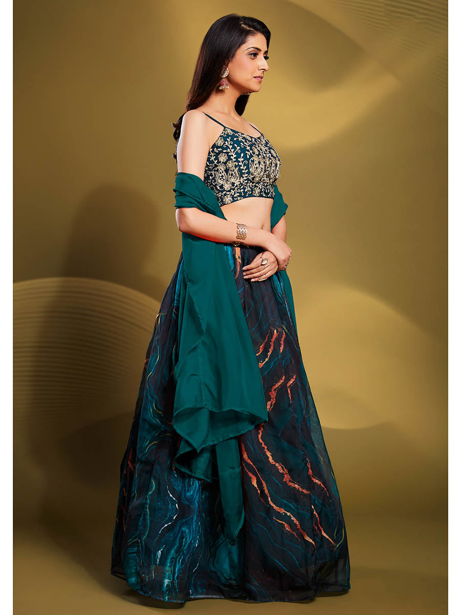Myra Teal Art Silk Embroidered Designer Lehenga | Grocsy