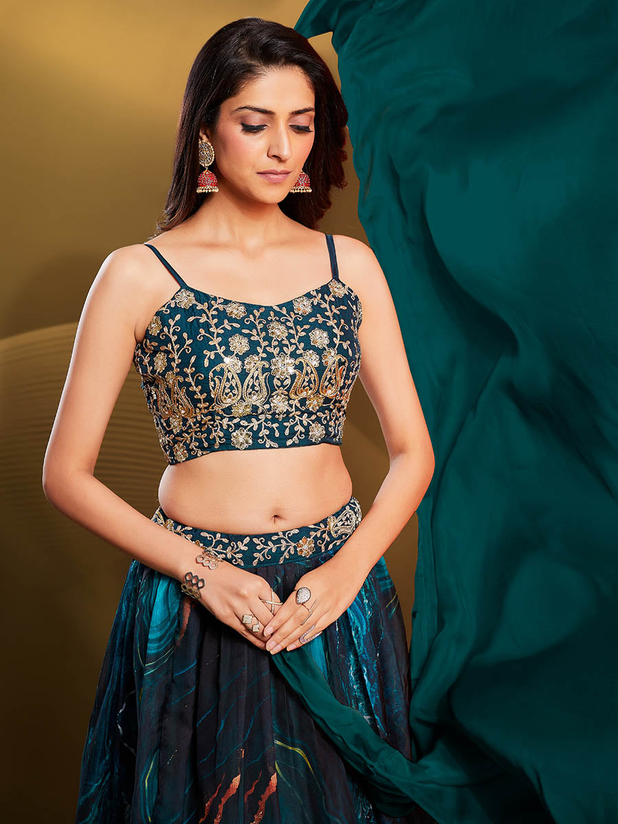 Myra Teal Art Silk Embroidered Designer Lehenga | Grocsy