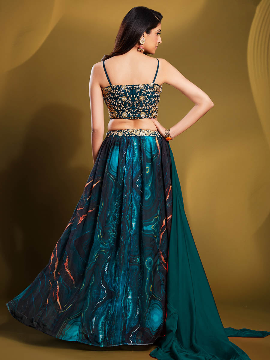 Myra Teal Art Silk Embroidered Designer Lehenga | Grocsy