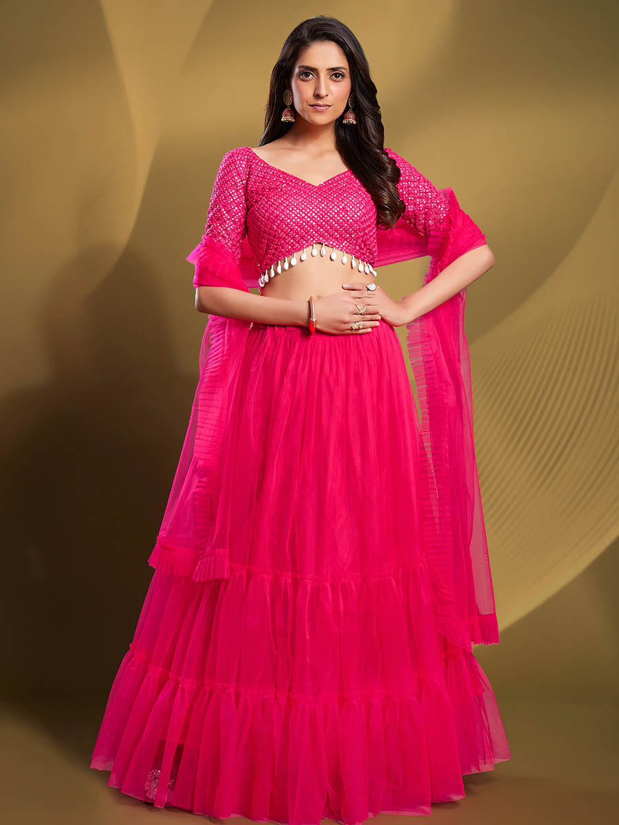 Myra Pink Soft Net Embroidered Designer Lehenga | Grocsy