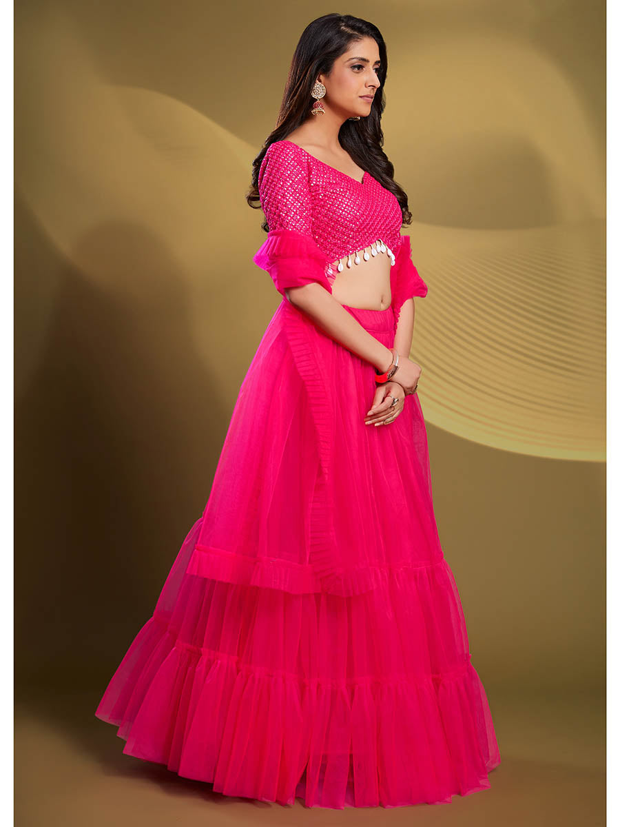Myra Pink Soft Net Embroidered Designer Lehenga | Grocsy