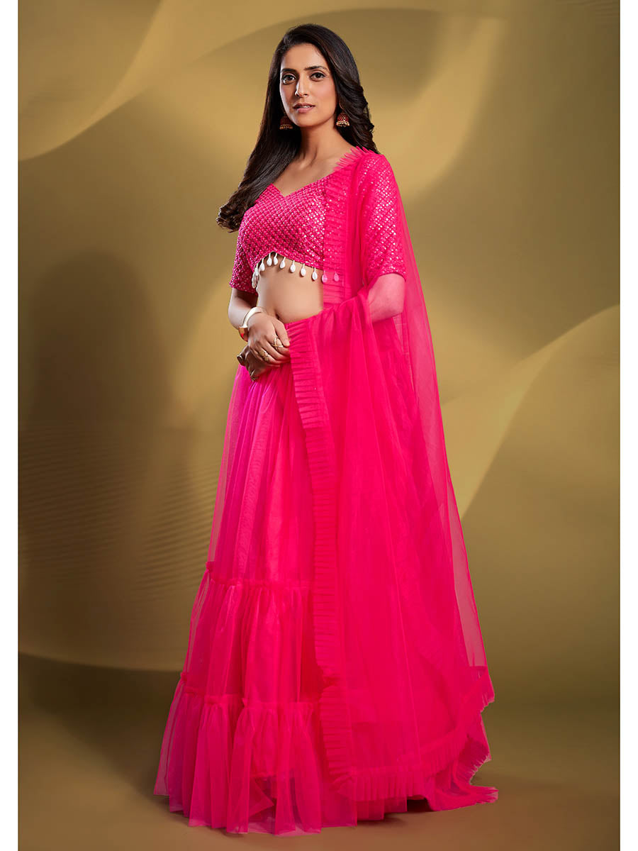 Myra Pink Soft Net Embroidered Designer Lehenga | Grocsy