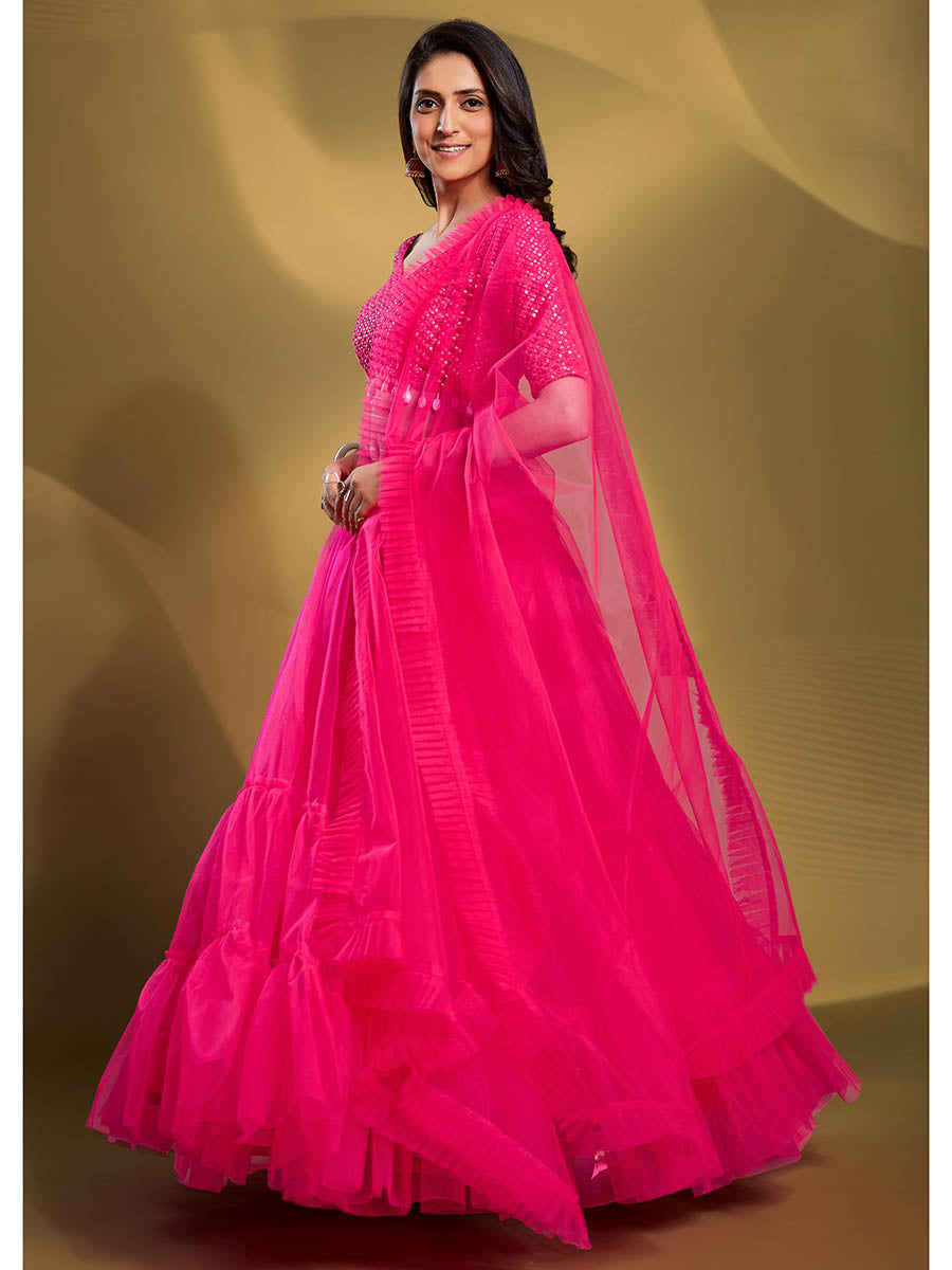 Myra Pink Soft Net Embroidered Designer Lehenga | Grocsy