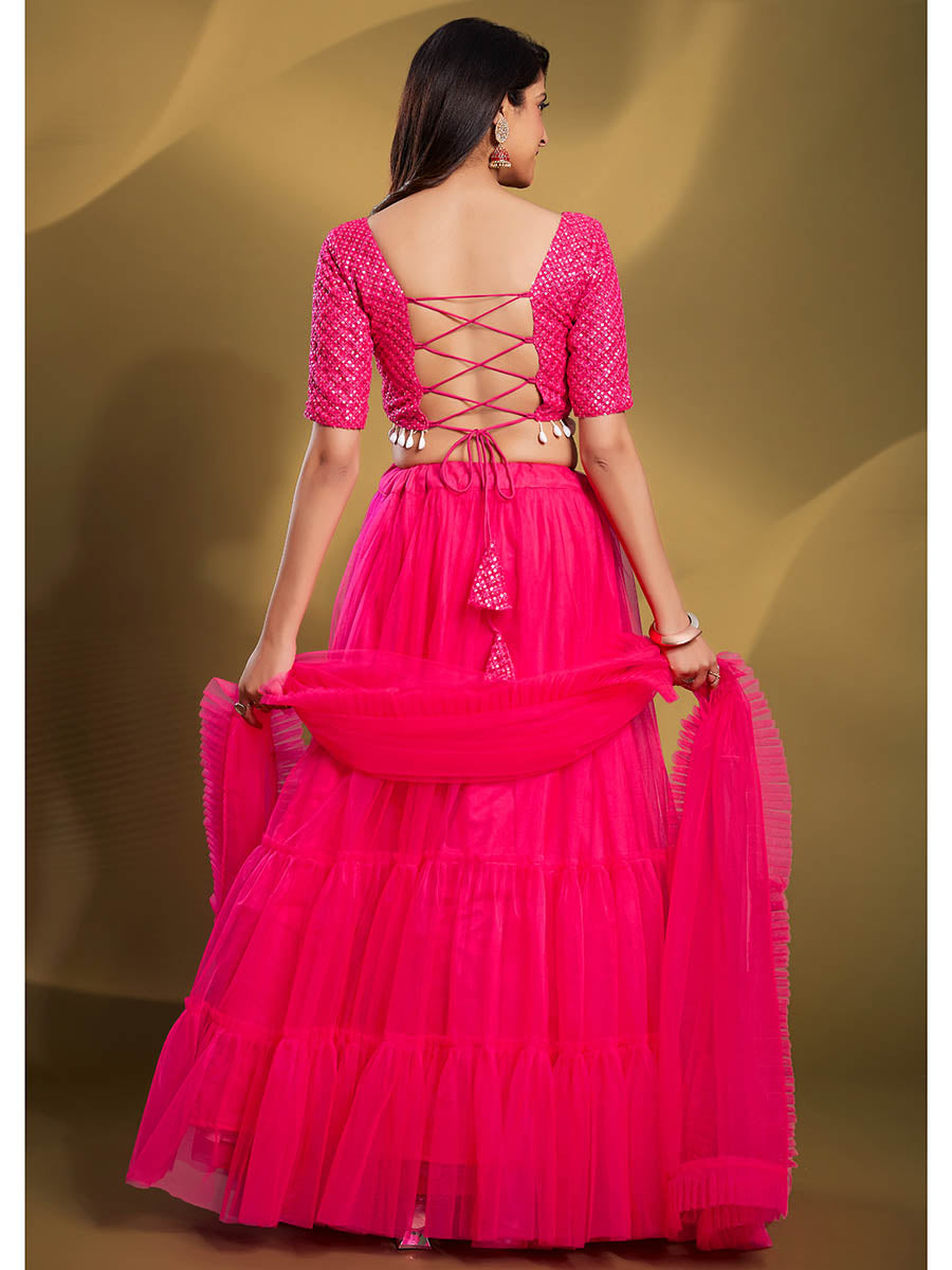 Myra Pink Soft Net Embroidered Designer Lehenga | Grocsy