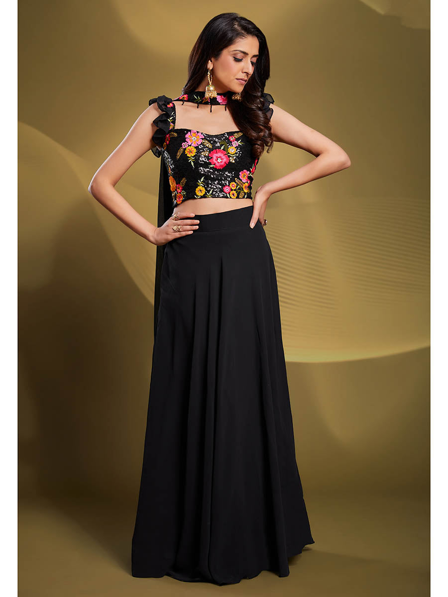 Myra Black Georgette Embroidered Designer Lehenga | Grocsy