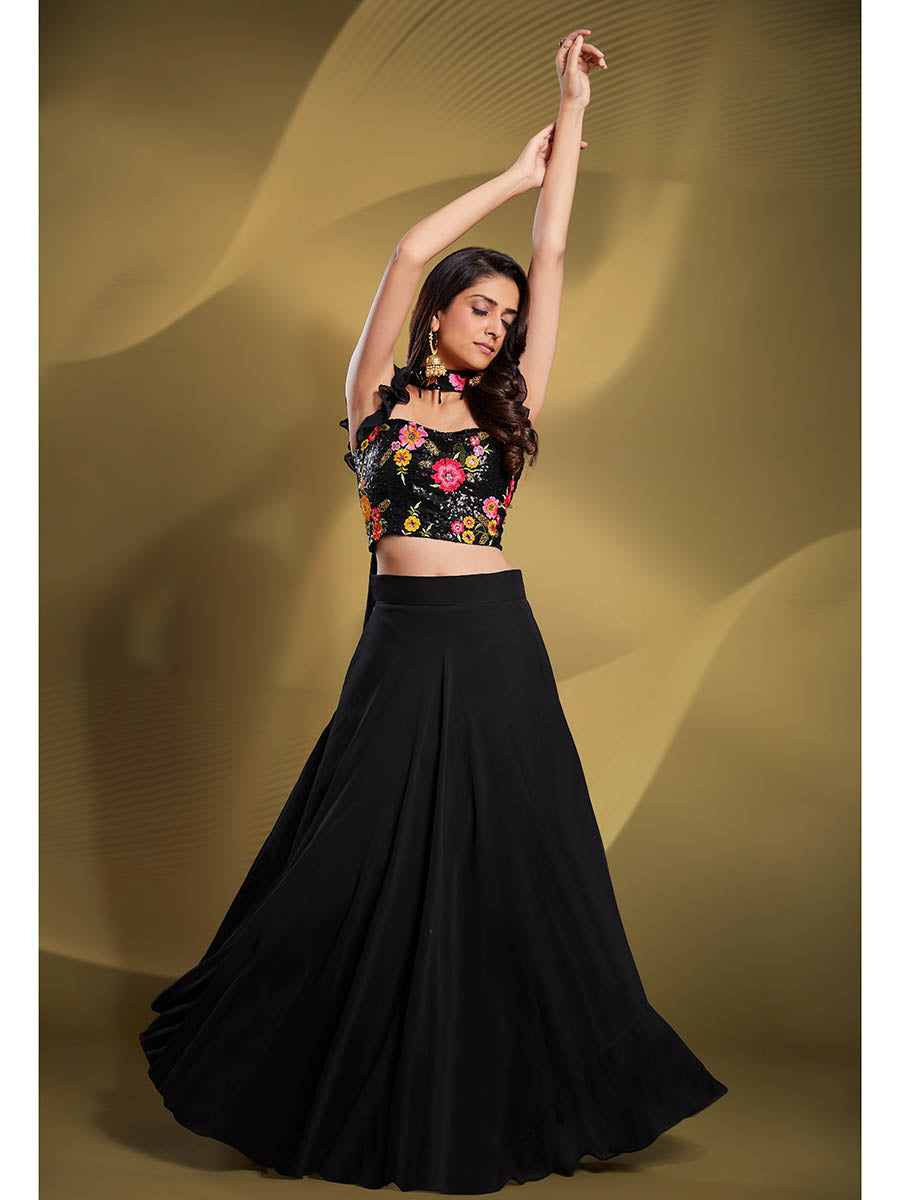 Myra Black Georgette Embroidered Designer Lehenga | Grocsy