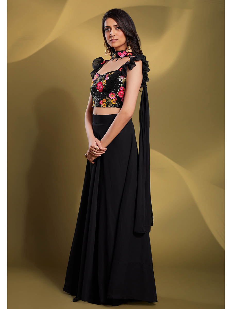 Myra Black Georgette Embroidered Designer Lehenga | Grocsy