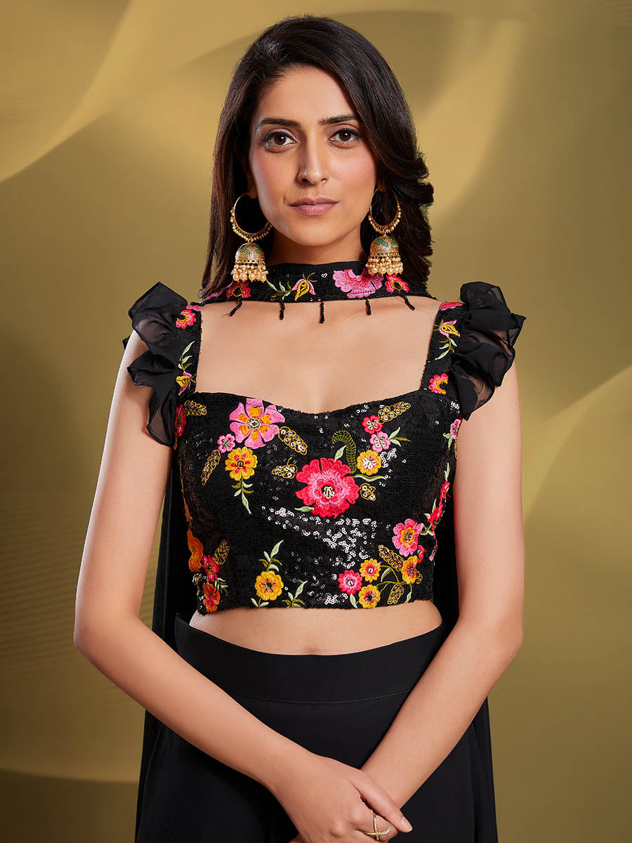 Myra Black Georgette Embroidered Designer Lehenga | Grocsy