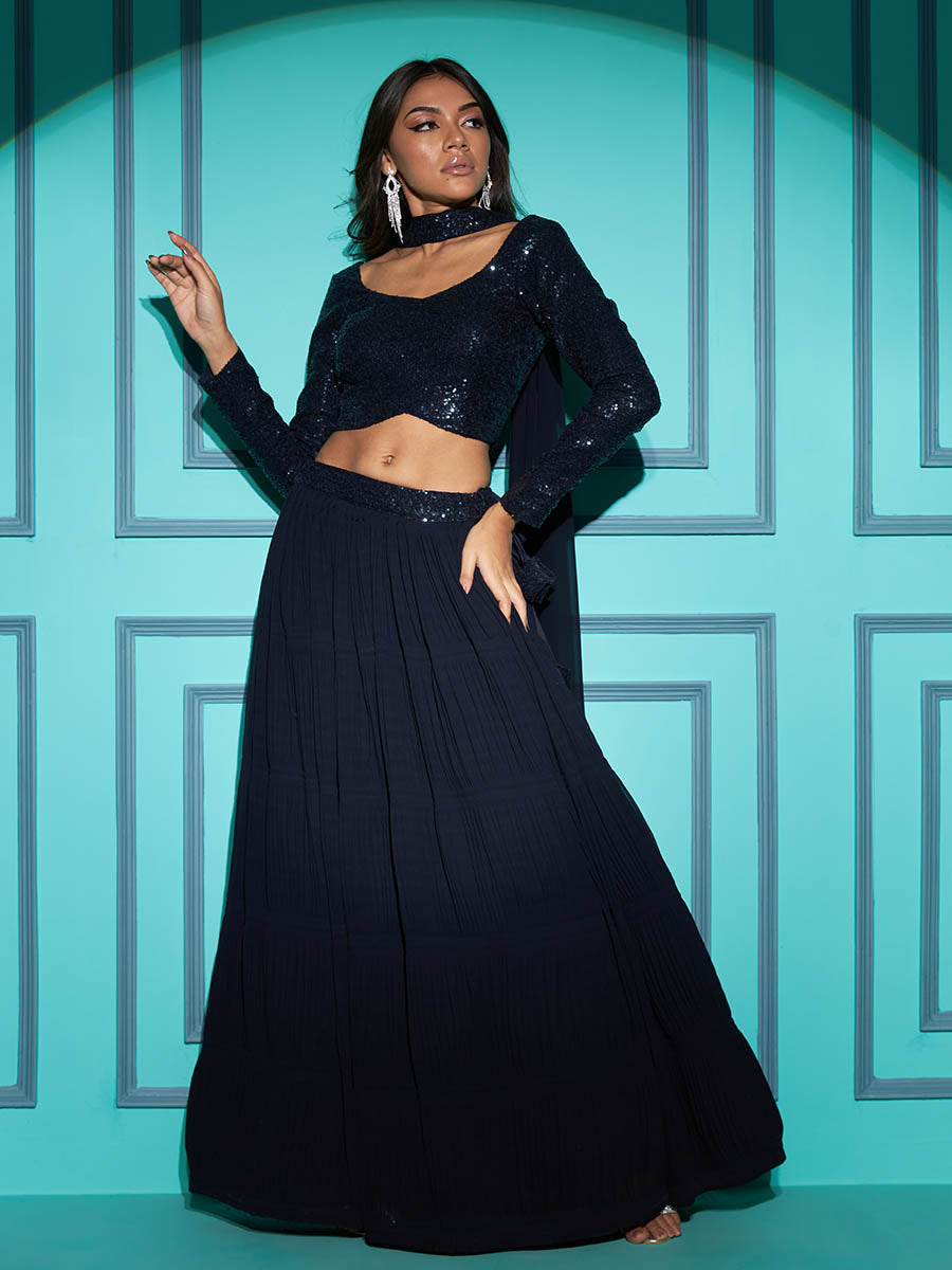 Myra Navy Blue Georgette Embroidered Designer Lehenga | Grocsy