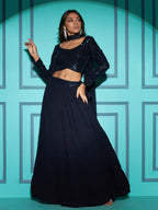 Myra Navy Blue Georgette Embroidered Designer Lehenga | Grocsy
