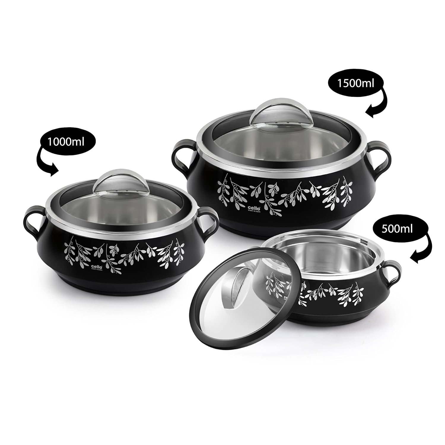 CELLO Glitter Casserole with Inner Steel 3 Unit, Black | Grocsy